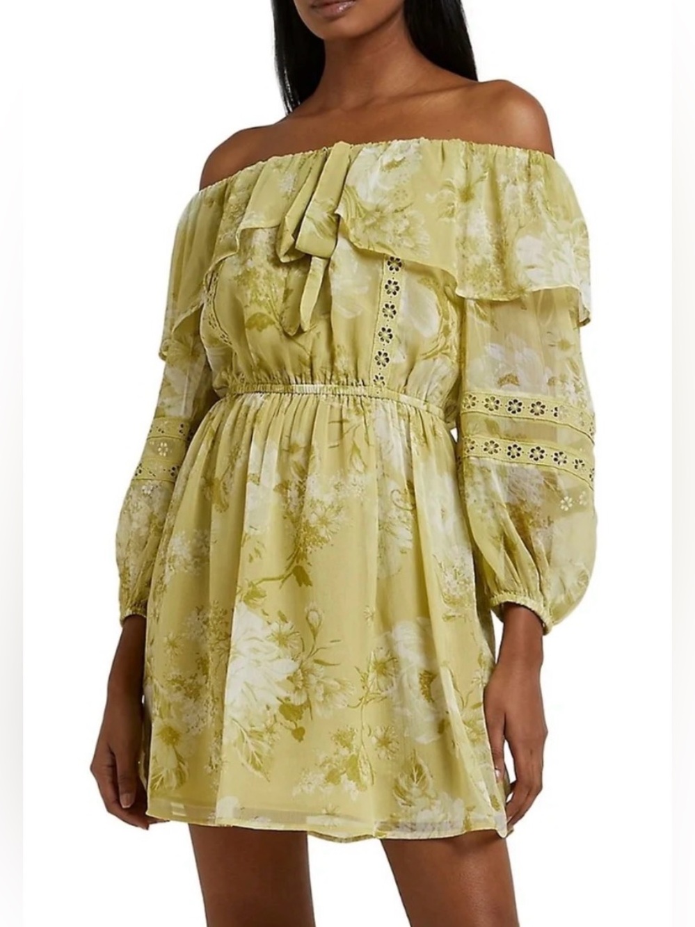 River Island Light Green Floral Print Off-The-Shoulder Mini Dress